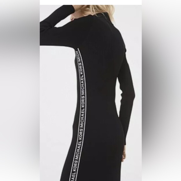 MICHAEL Michael Kors Dresses & Skirts - Michael Kors Logo Tape Ribbed Knit Black Mock Neck Midi Dress Size Medium